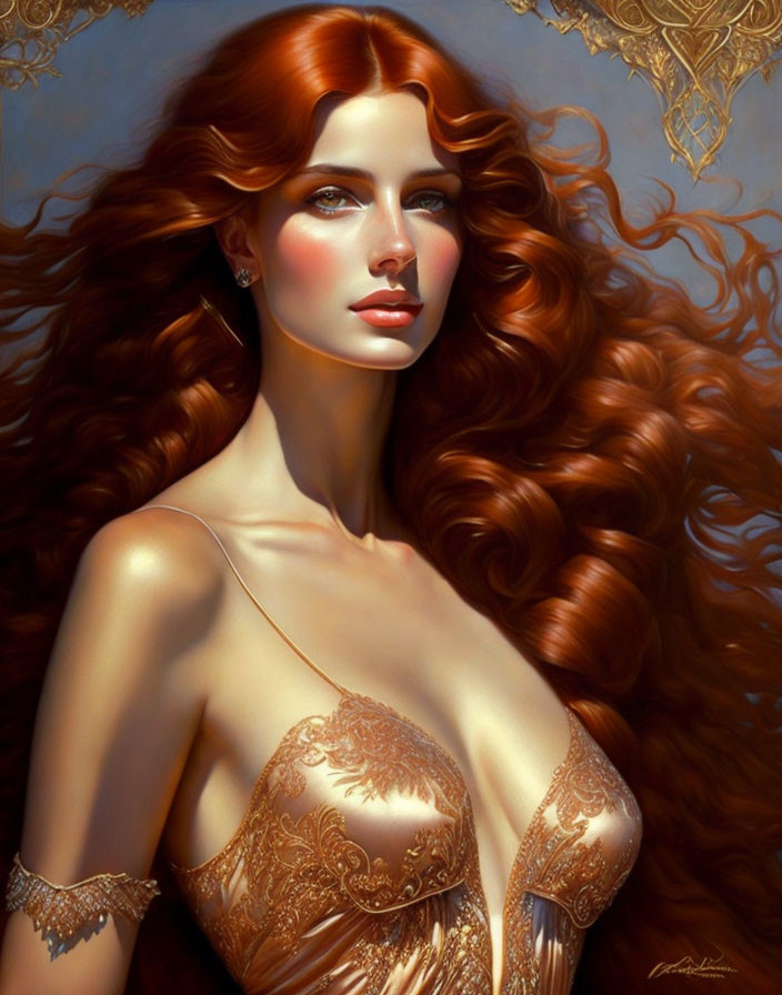 Digital portrait of woman with flowing red hair and ornate gold dress