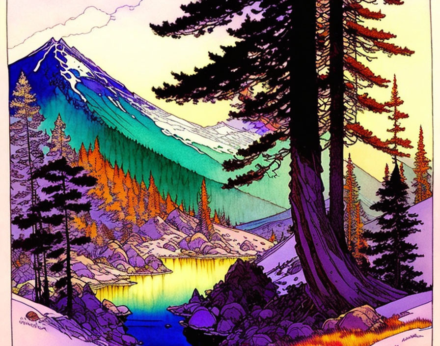 Vibrant mountain landscape with colorful trees and lake