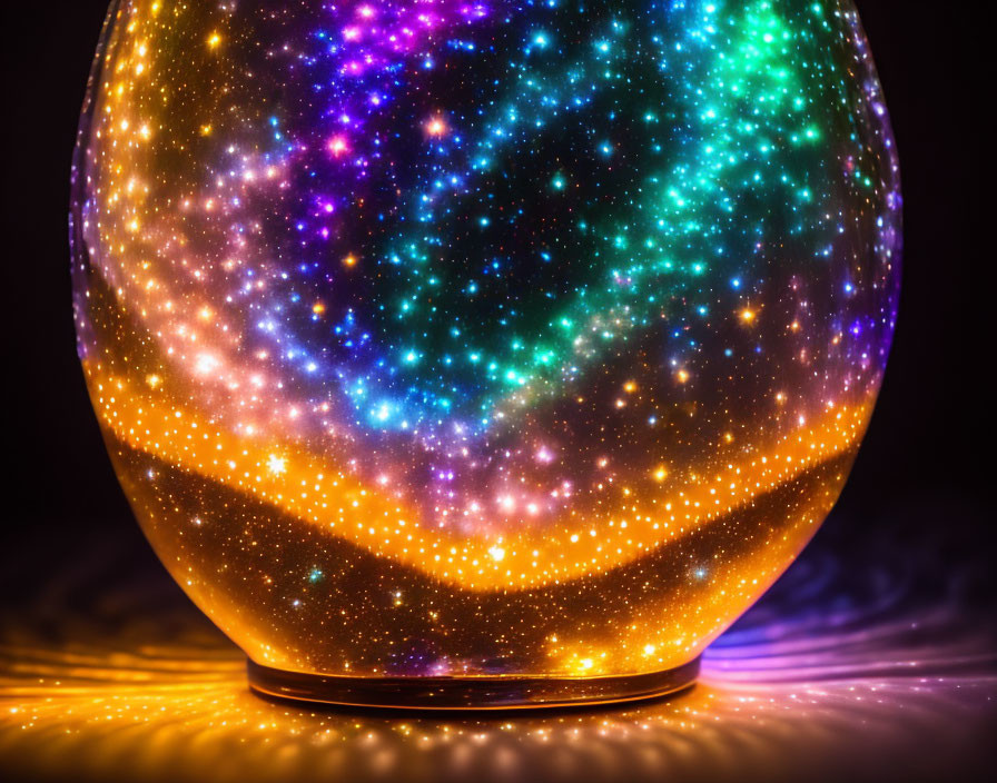 Colorful Glass Sphere with Galaxy-Like Pattern on Dark Background