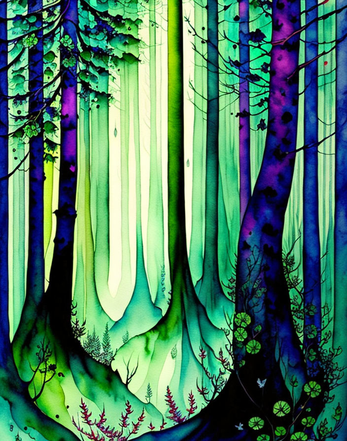 Fantastical forest watercolor painting with purple and blue trees.