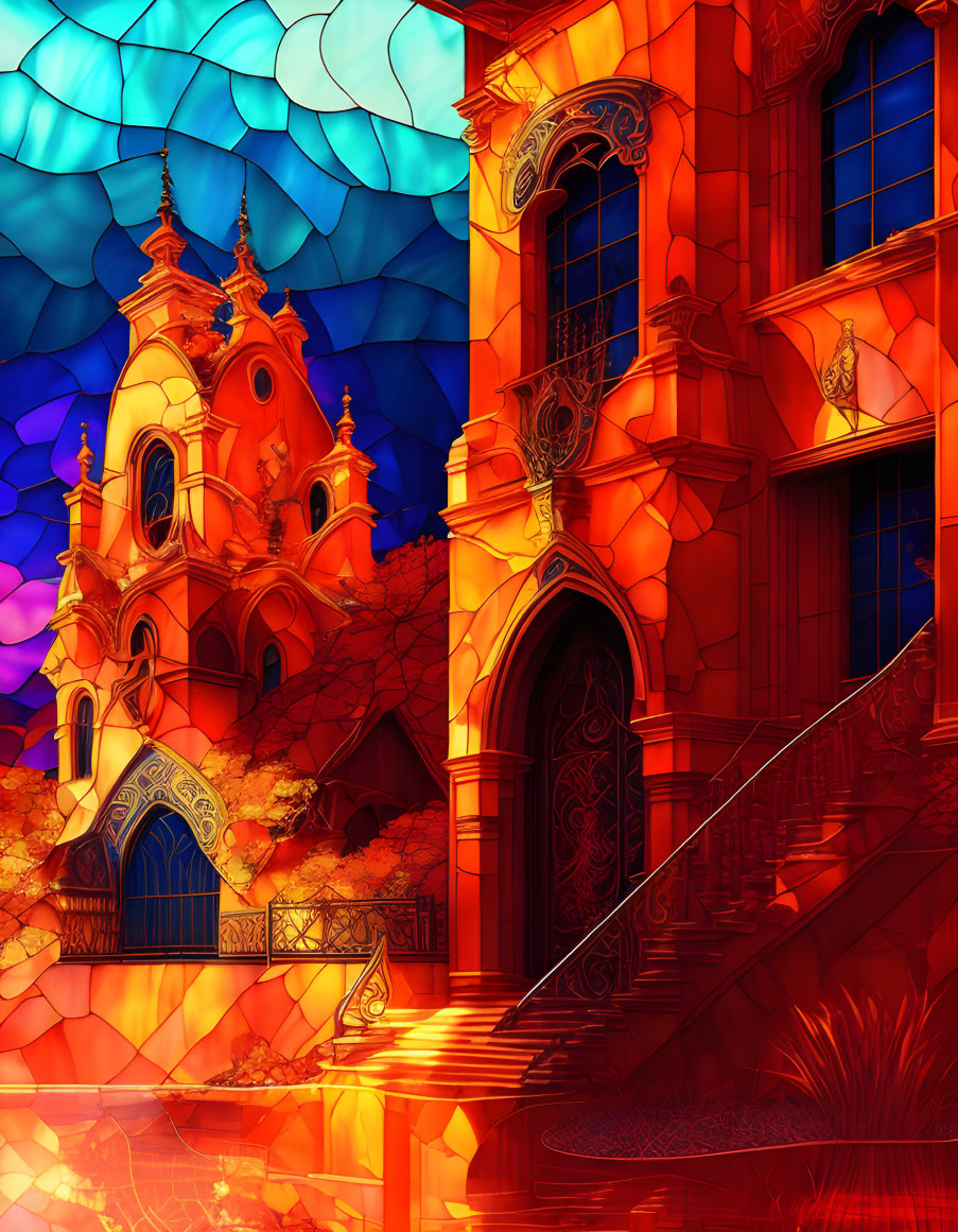 Colorful illustration of ornate building in fiery hues against swirling sky