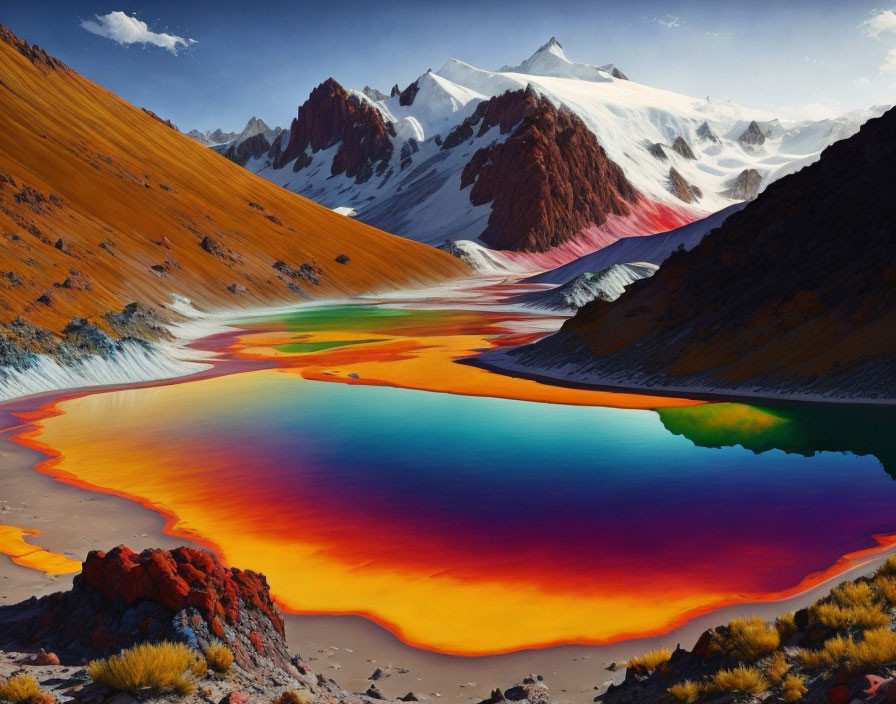 Vividly colored surreal mountain landscape with iridescent lake