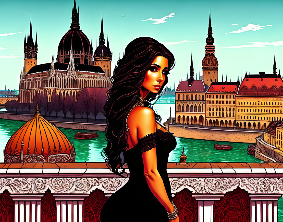 Illustration of woman on balcony with European cityscape.