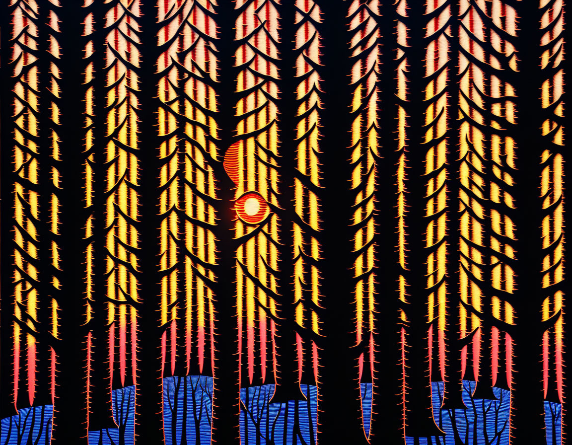 Black Trees with Yellow Highlights on Blue Background with Orange Orb