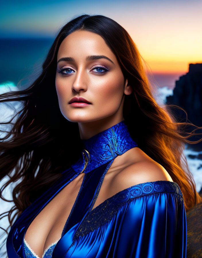 Woman in blue dress with long hair against sunset sky & cliffs