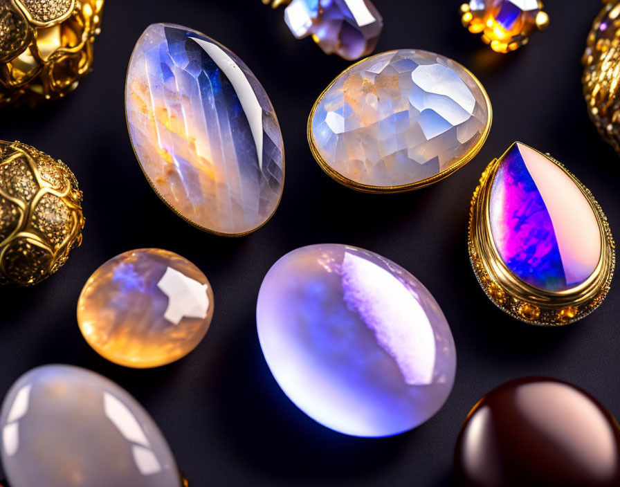 Shiny gemstones and intricate jewelry on reflective surface