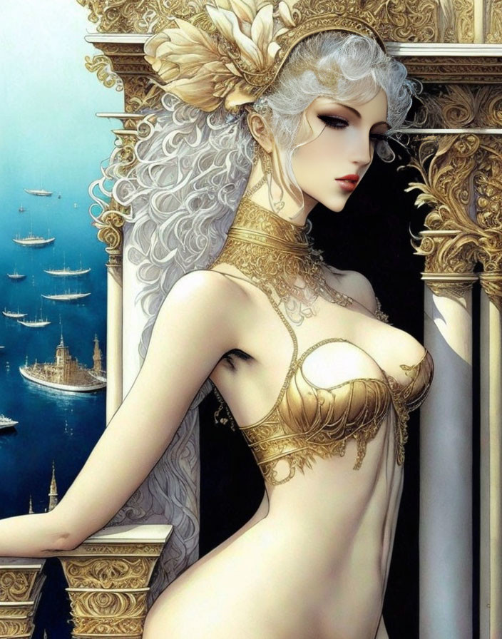 Fantasy character with pale skin and white hair in golden attire on balcony with seascape background