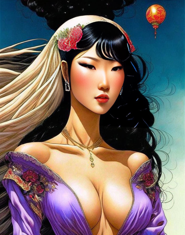 Illustrated woman with flowing hair in purple garment and flower headband, lantern in background.