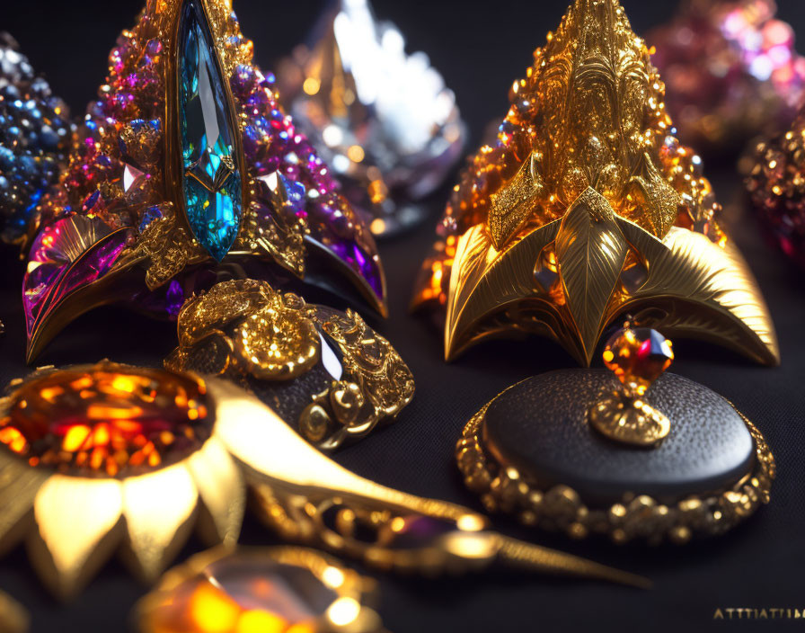 Colorful Jewels and Golden Crowns on Dark Background