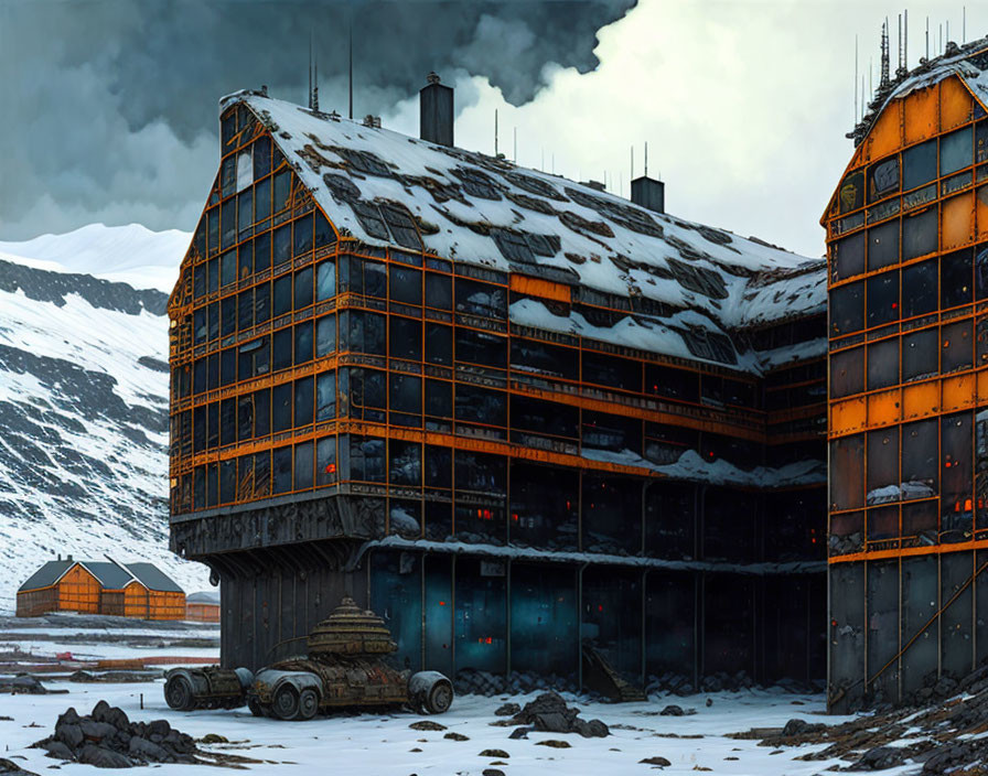 Snow-covered industrial building with orange framing in snowy landscape.