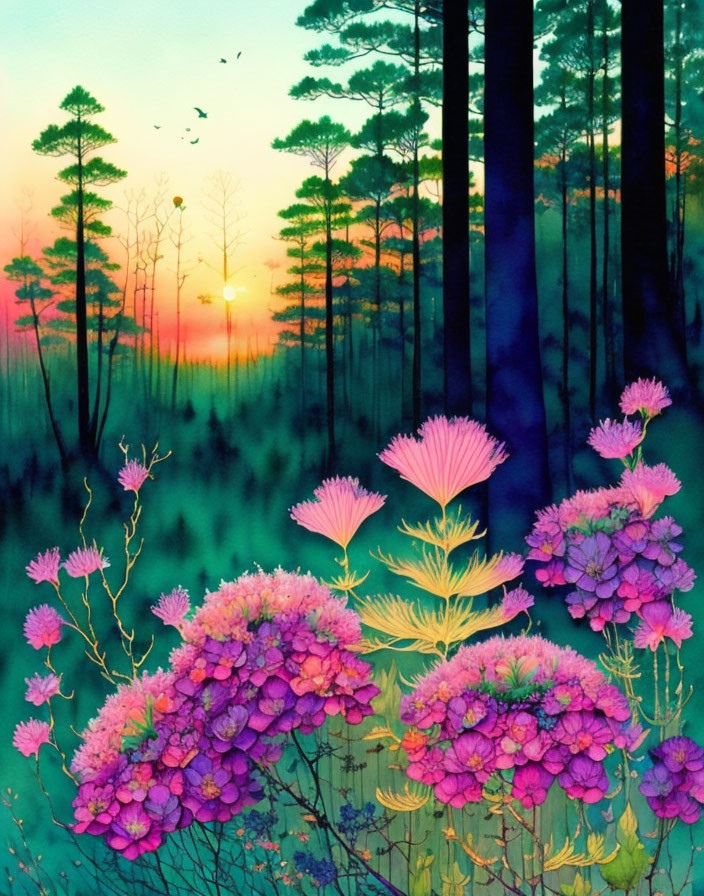 Colorful flowers, sunset, pine tree silhouettes, and birds in the sky