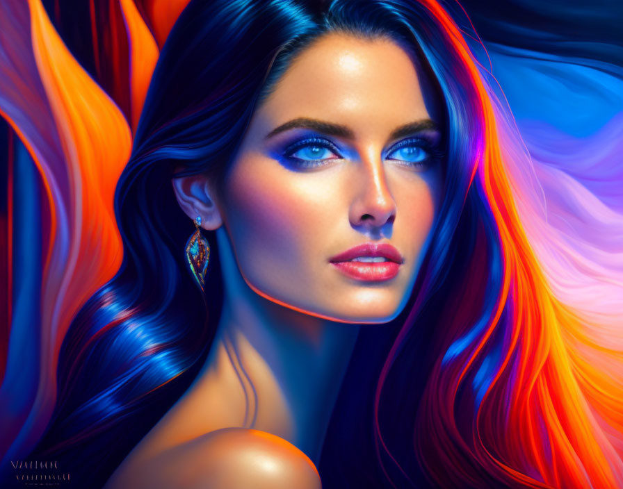 Vivid digital art portrait of a woman with radiant blue eyes and flowing hair