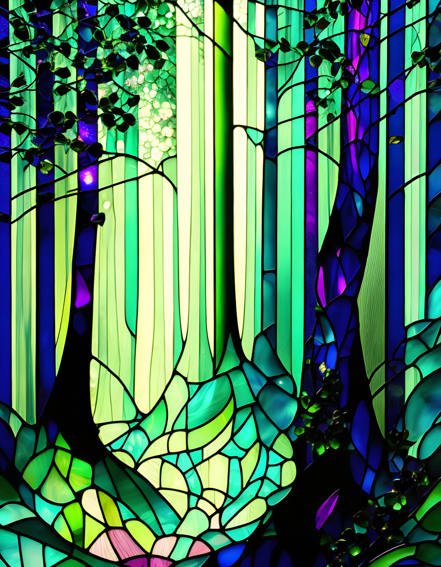 Colorful Stained Glass Window with Green, Blue, and Purple Mosaic