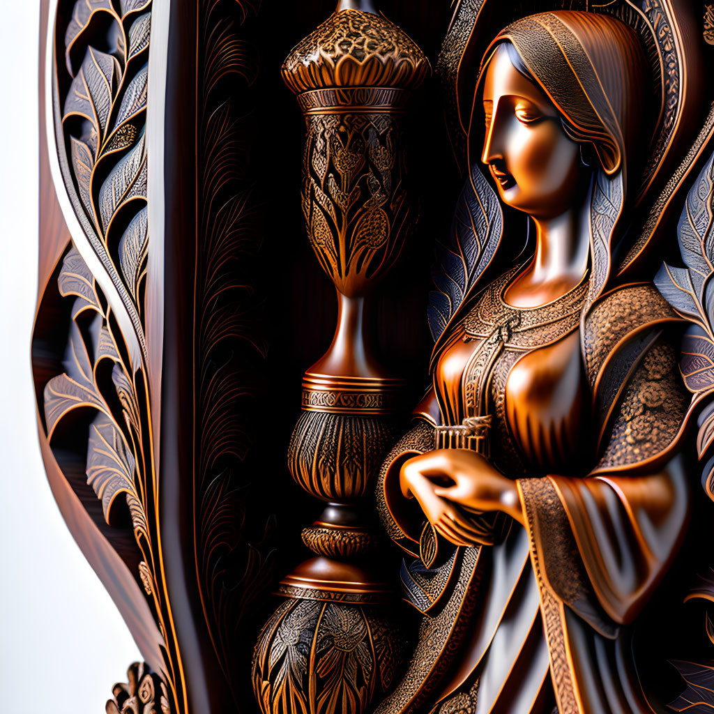 Ornate stylized woman in classical attire holding a vase with leaf patterns