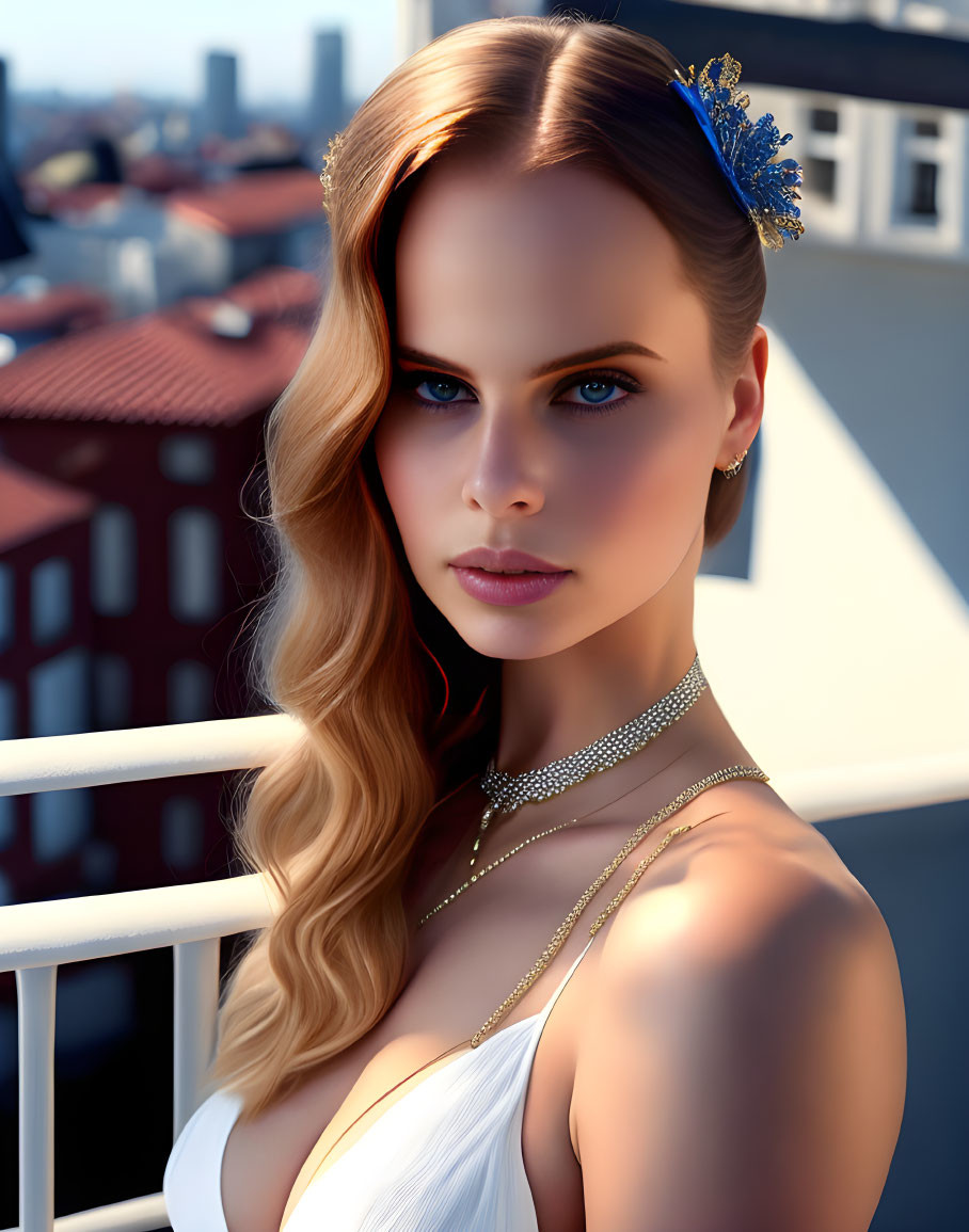 Blonde woman with blue eyes and jewelry on balcony with cityscape.