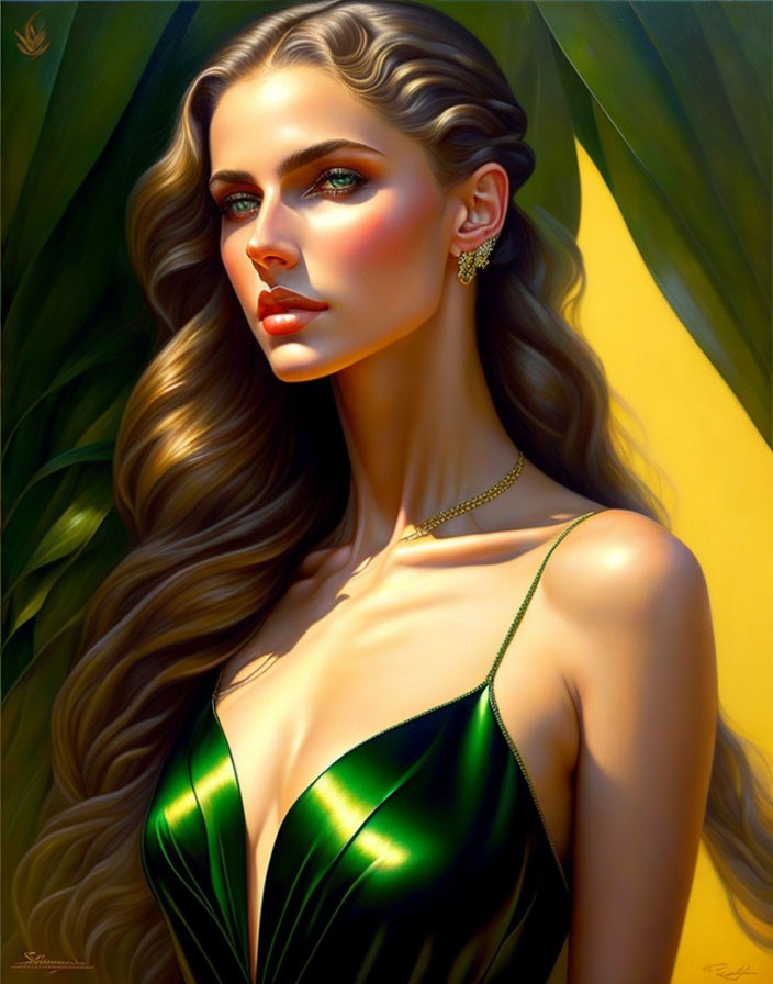 Digital portrait of a woman with flowing hair, green eyes, satin dress, yellow backdrop.