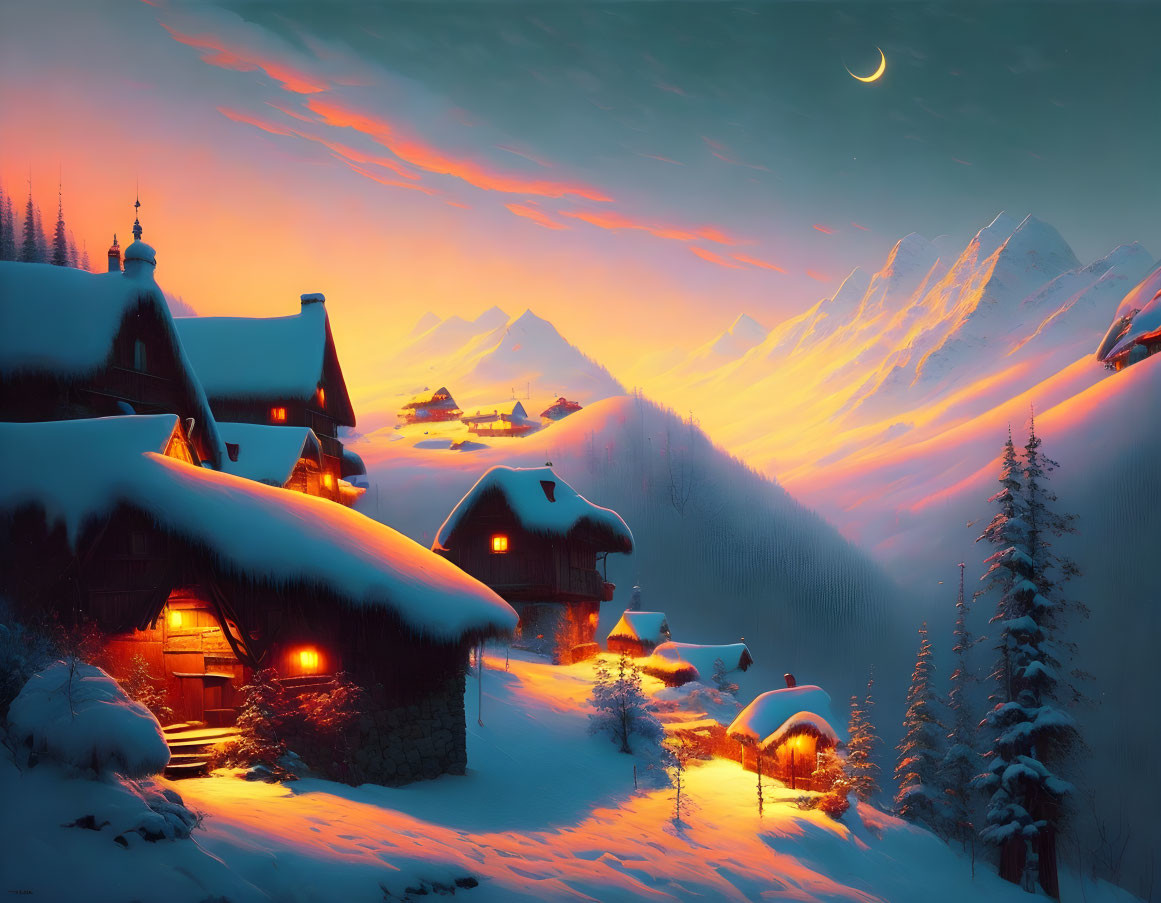 Snow-covered cottages and crescent moon in tranquil winter scene