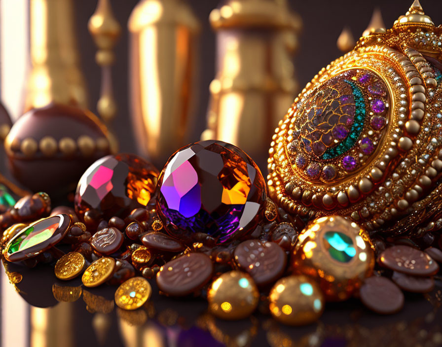 Opulent treasure collection with gold coins, jewelry, and golden artifacts