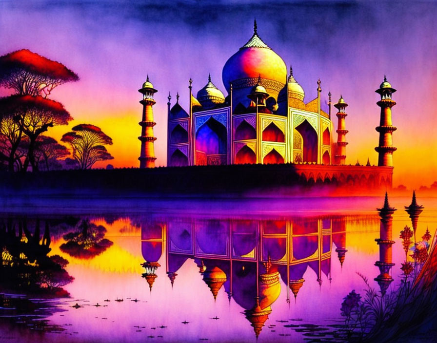 Vibrant Taj Mahal painting with colorful sky, water reflection, and silhouetted trees