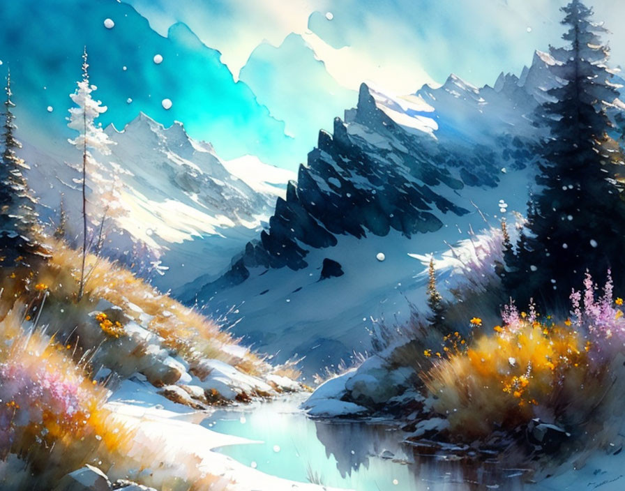 Mountainous Landscape Watercolor Painting with River and Snow-Capped Peaks