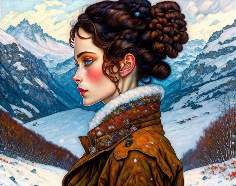 Woman with braided hair in warm jacket against snowy mountain landscape