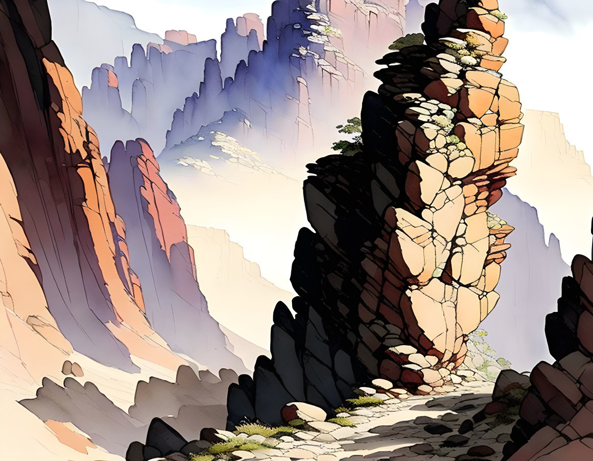 Illustration of rugged canyon with towering rock formations and winding path.