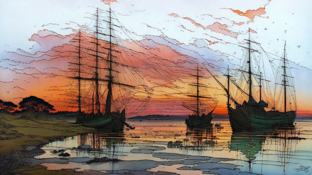 Tall ships at calm waterline under vibrant sunset