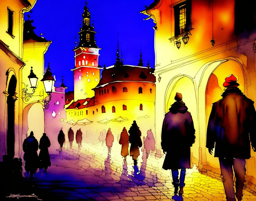 Vibrant watercolor painting of people in old European town at night