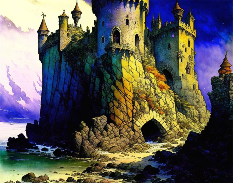 Fantasy castle illustration on rocky cliff overlooking serene sea