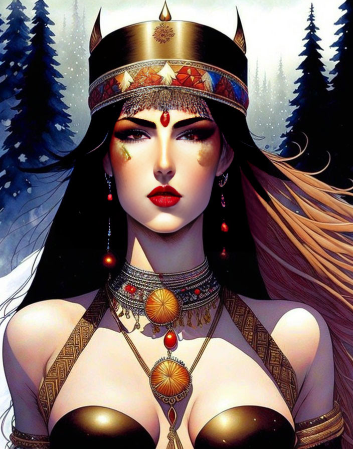 Warrior woman with jeweled crown in ornate armor against snowy forest.