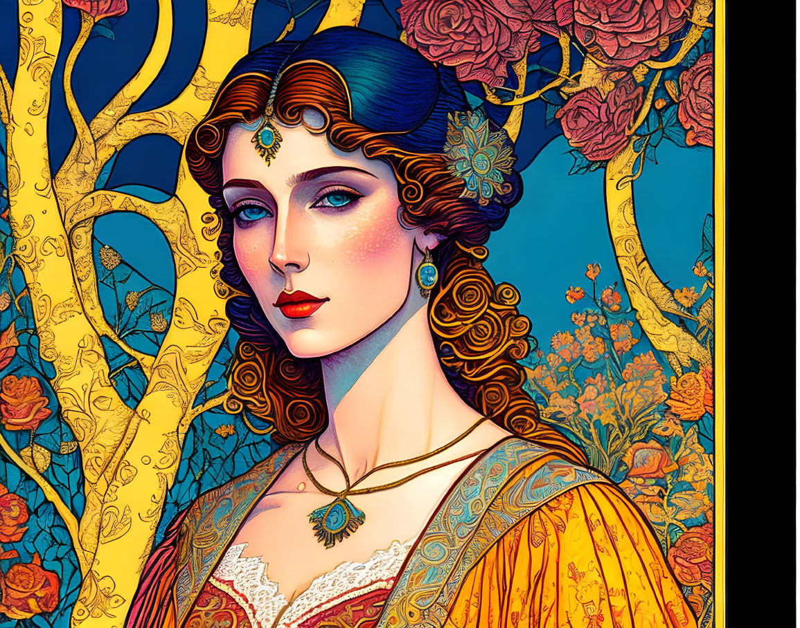 Art Nouveau Woman Illustration with Flowing Hair and Headpiece