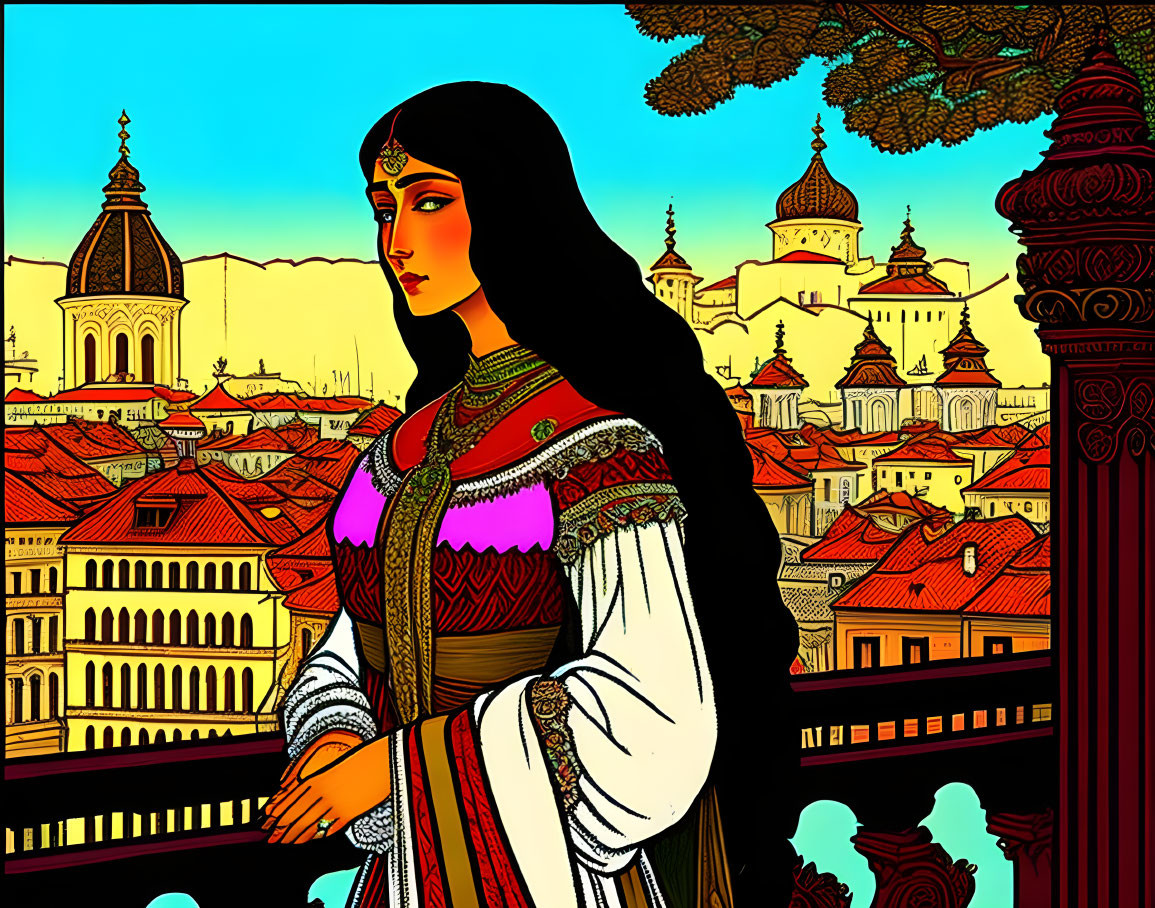 Stylized illustration of woman in traditional attire overlooking old city with domed buildings