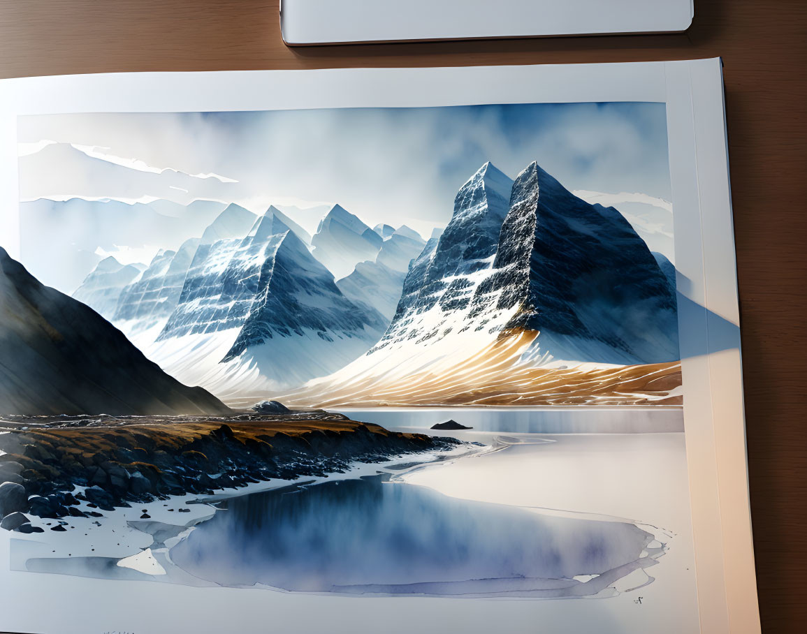 Snowy Mountains Reflection in Water Digital Painting on Wooden Desk