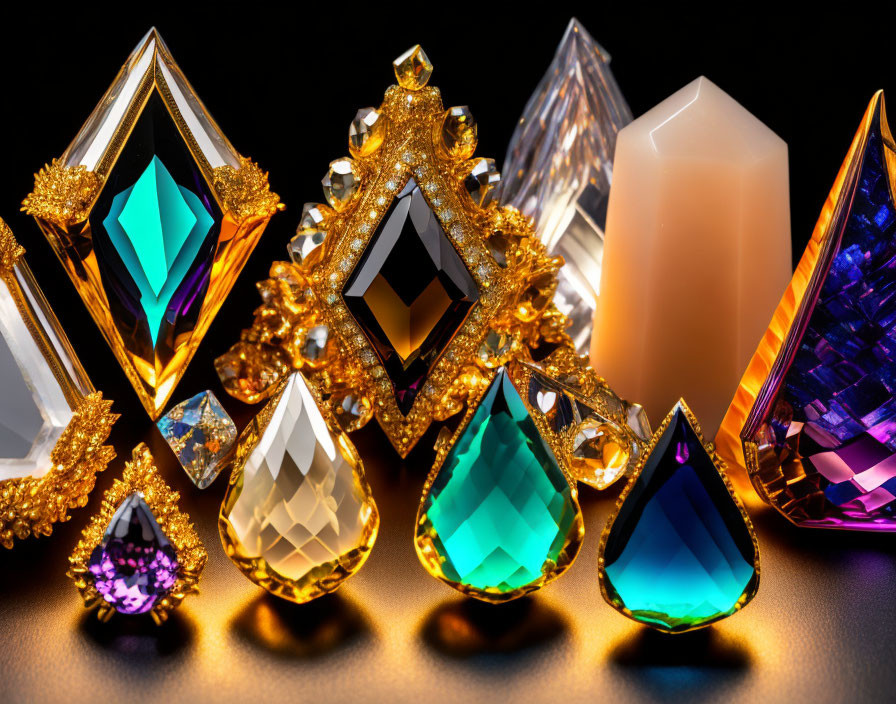 Colorful Gemstone Jewelry Pieces with Gold Detailing on Dark Background