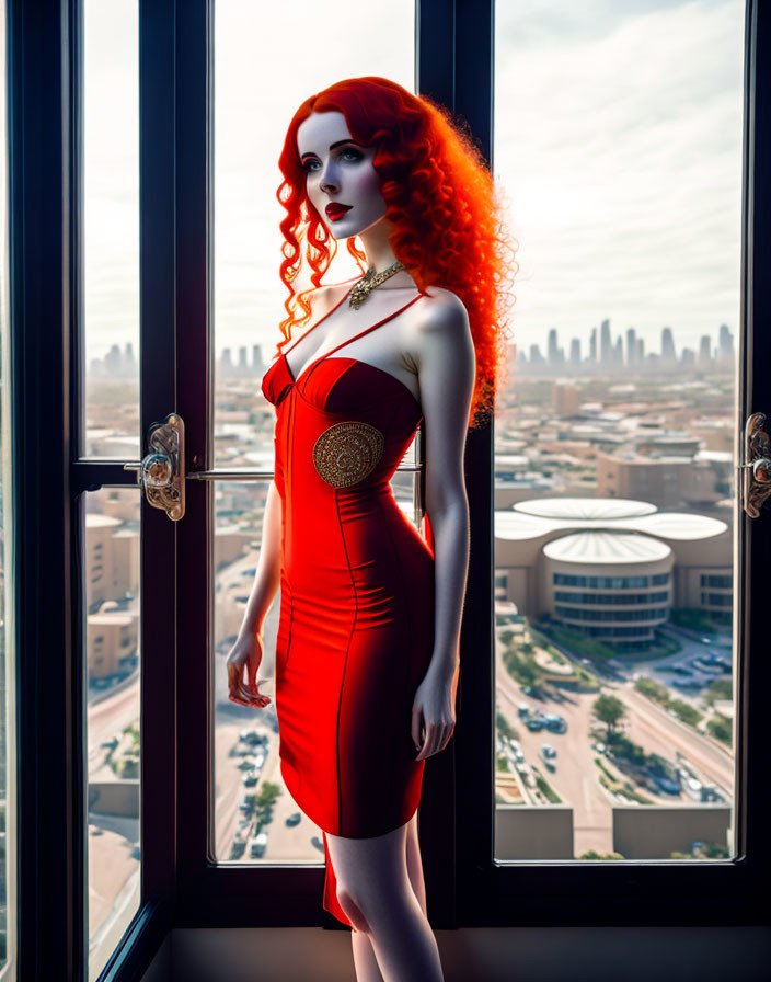 Red-haired mannequin in red dress poses by cityscape window during the day