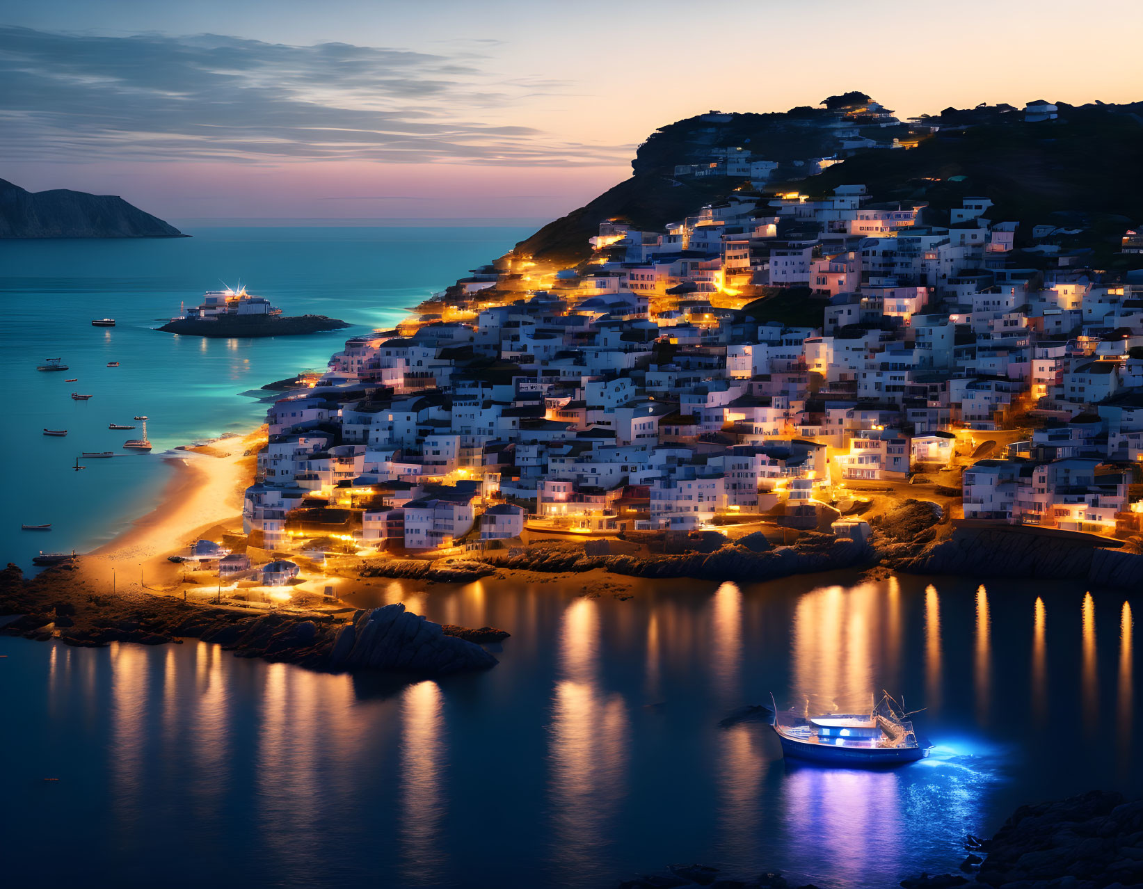 Coastal village at twilight: hillside houses, boat on calm sea, soft sunset.