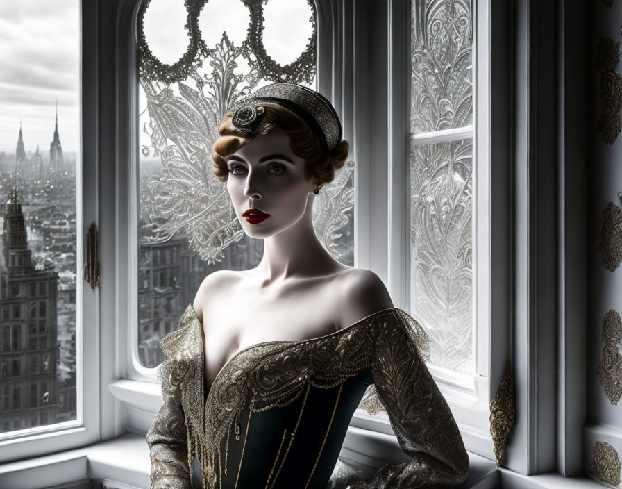 Vintage portrait of woman with headpiece by lace curtained window.