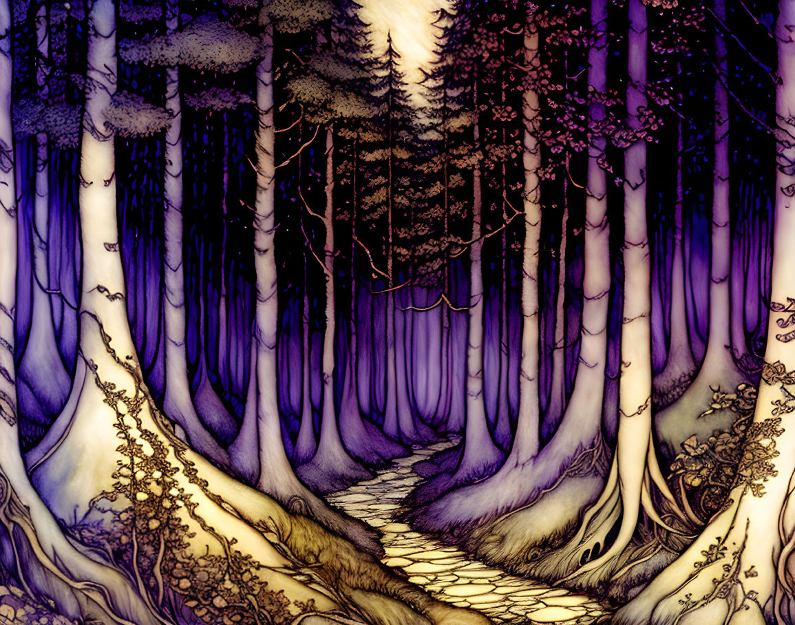 Mystical forest path with purple and gold trees under twilight sky