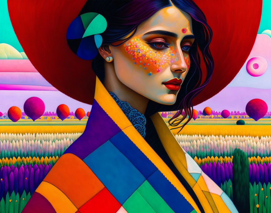 Colorful portrait of woman in red hat and shawl against vibrant backdrop