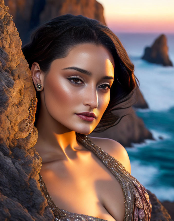 Woman with Striking Makeup at Rocky Shore During Sunset