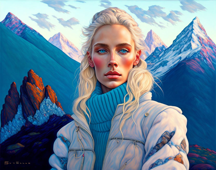 Woman with Blue Eyes and Blond Hair in Turtleneck and Jacket against Mountain Backdrop