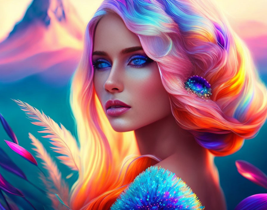 Colorful digital artwork: Woman with multicolored hair and blue eyes in fantasy landscape