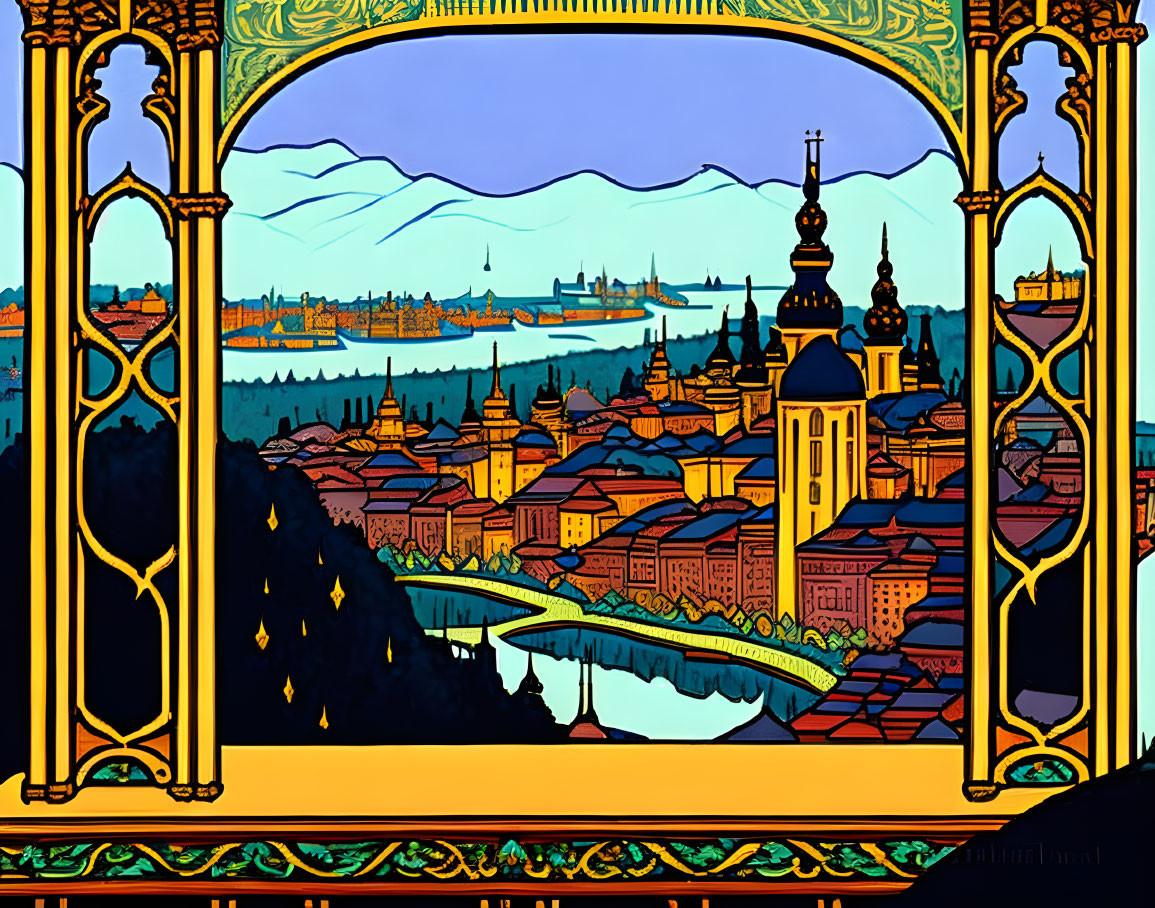 Colorful cityscape illustration through ornate window, featuring buildings and ships.