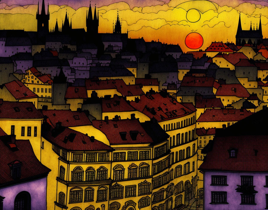 Densely packed historic European cityscape at sunset with orange sky and spires.