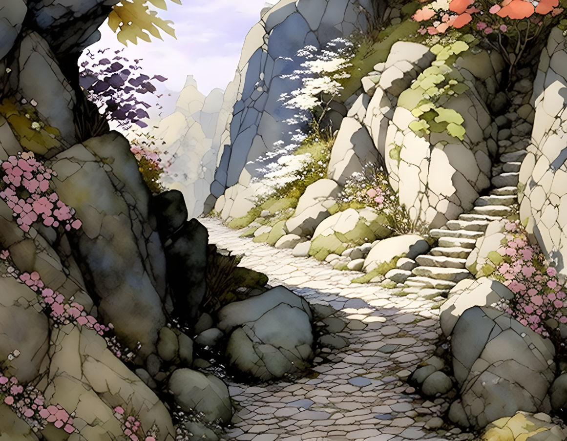 Cobblestone Path Through Rocky Landscape with Blossoms