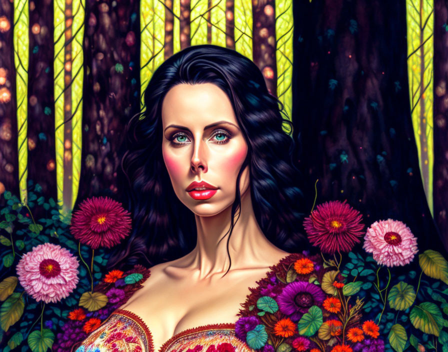 Digital Artwork: Woman with Dark Hair and Green Eyes Among Vibrant Flowers and Forest