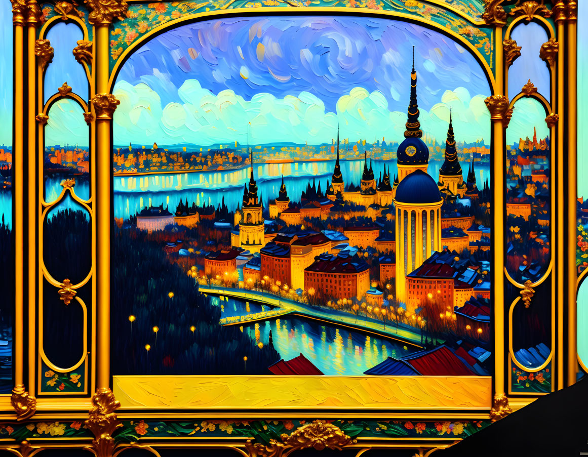 Cityscape painting with river and buildings in ornate golden arch frame