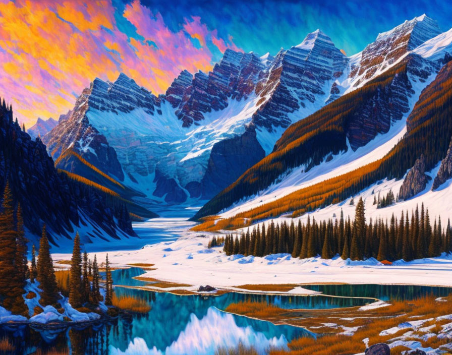 Colorful sunset over snowy mountains, glacial lake, and forest reflections