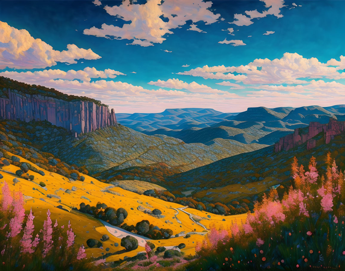 Colorful landscape painting of rolling hills, cliffs, and meadows under a blue sky