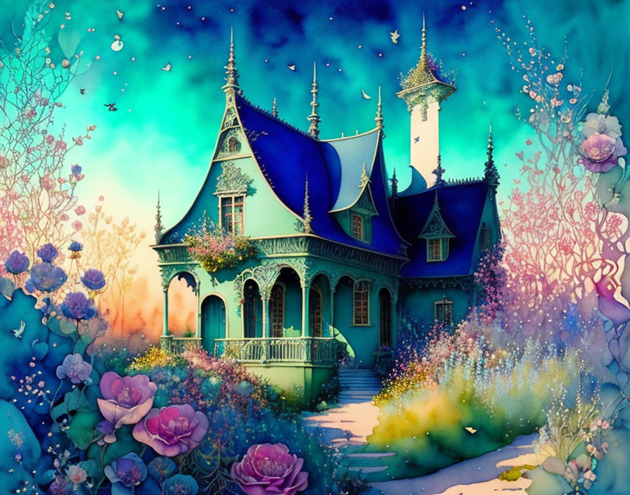 Whimsical illustration of magical house with vibrant flowers under twilight sky